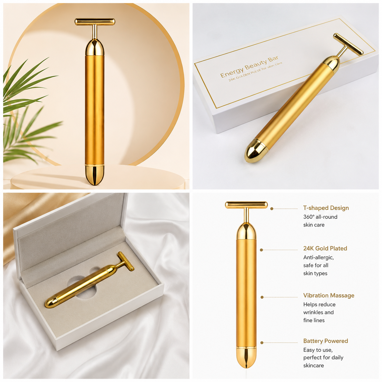 24K Gold Energy Beauty Bar Electric Facial Massage Roller