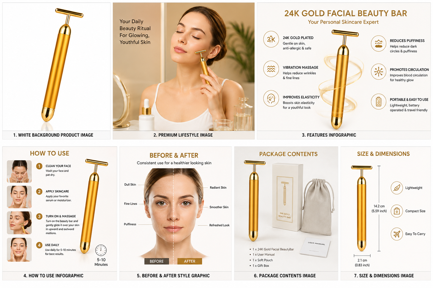 24K Gold Energy Beauty Bar Electric Facial Massage Roller
